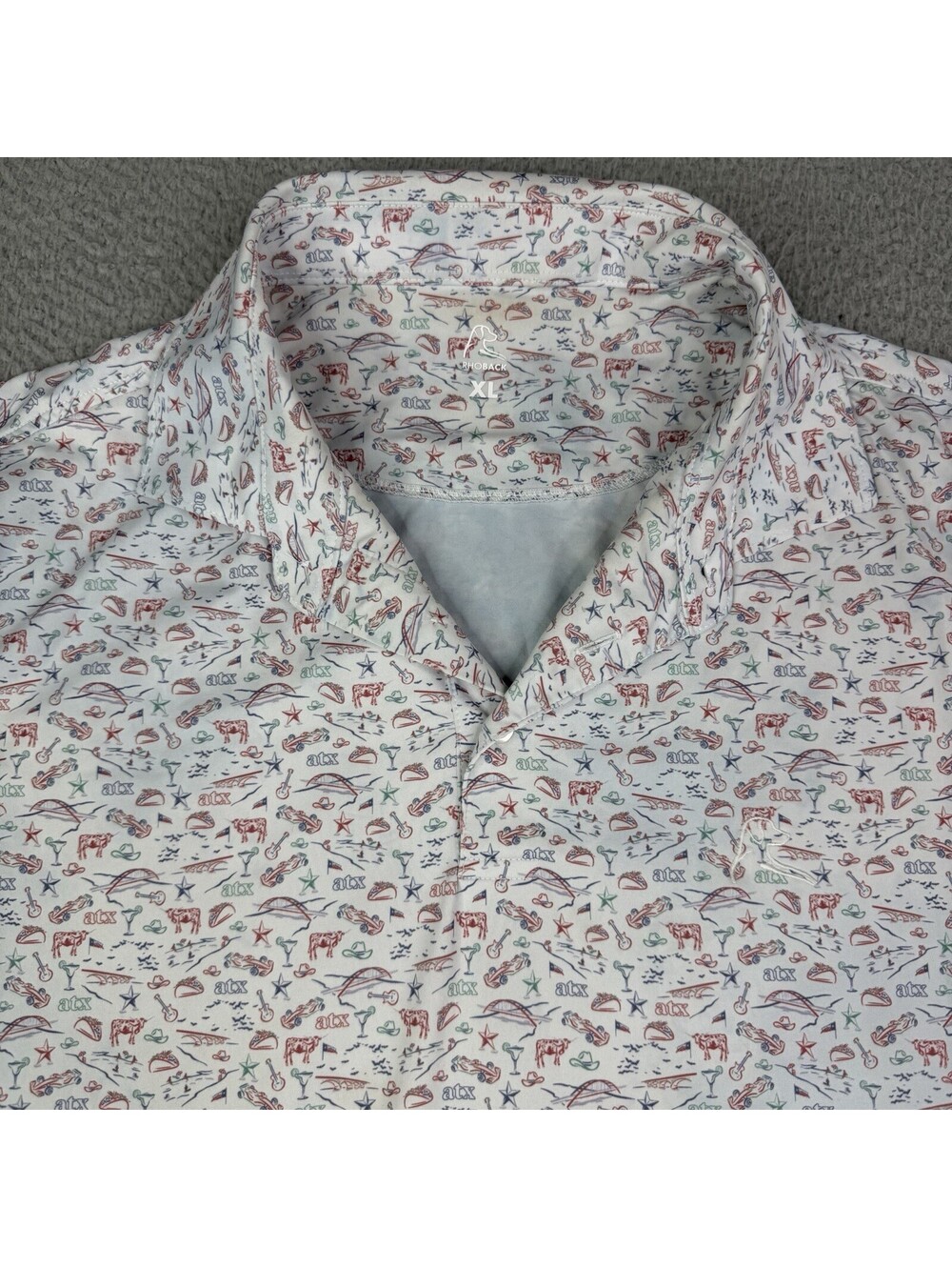 Rhoback Polo Shirt Mens XL White ATX Austin Texas Print Performance Stretch